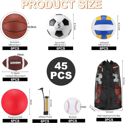 Miniatura 2 de Liliful Juego de 36 pelotas deportivas surtidas a granel para fútbol, fútbol, patio, baloncesto, voleibol, béisbol con bolsa de equipo para niños