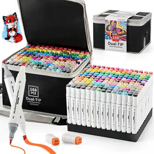 Juego de marcadores de alcohol de 168 colores con estuche y soporte para bolígrafo, marcadores de arte a base de alcohol de doble punta, cincel y