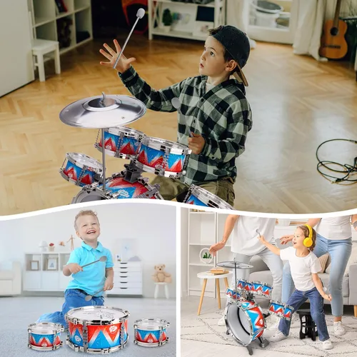 Miniatura 5 de Juego de batería para niños pequeños, kit de batería de jazz con taburete, instrumentos musicales, juguetes de cumpleaños, Navidad, regalos