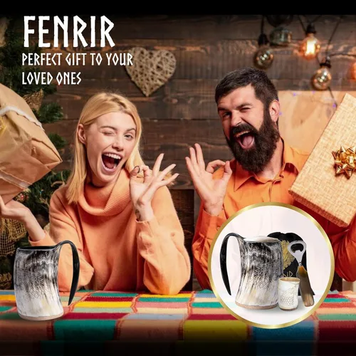 Miniatura 5 de FENRIR Juego de tazas de cuerno vikingo de 16 onzas – Regalos para hombres, papá, esposo – Regalo único vikingo – Taza de cuerno de buey real hecha