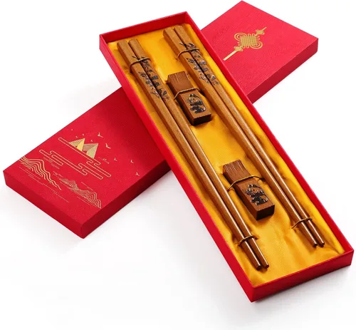 Miniatura 10 de Palillos reutilizables de estilo chino, palillos de dragón y fénix con soporte y bolsa de transporte, juego de palillos de madera natural (2 pares)