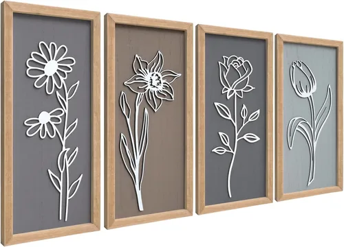 Decoración de Pared de Madera 3D con Marco Floral Juego de 4, 7"X16" Estilo Granja Vintage Boho Minimalista Arte de Pared de Flores para Sala de