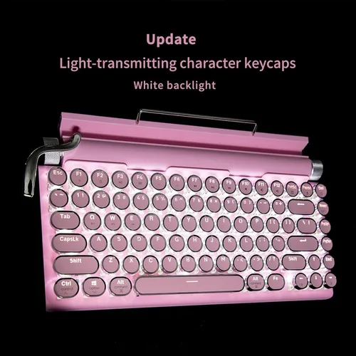 Miniatura 3 de Adventurers Teclado mecánico retro estilo máquina de escribir, retroiluminación LED, 83 teclas, Bluetooth 5.0, eje azul, panel de color rosa