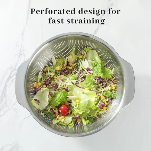 Miniatura 4 de Colador de Micropozos de Acero Inoxidable 18/8, Gran Capacidad de 2.5 Cuartos con Mango, Cesta Coladora de Alimentos de Cocina para Lavar Verduras