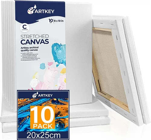 Artkey Lienzos para pintar de 8 x 10 pulgadas, paquete de 10 lienzos estirados de perfil de 5/8 pulgadas, imprimado de 10 onzas, lienzo blanco 100%