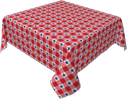 Miniatura 2 de 4th of July Tablecloth Square 60x60 Inch,Red White Buffalo Plaid Check Blue Patriotic Stars Table Cloth,Stain Resistance Polyester Independence Day
