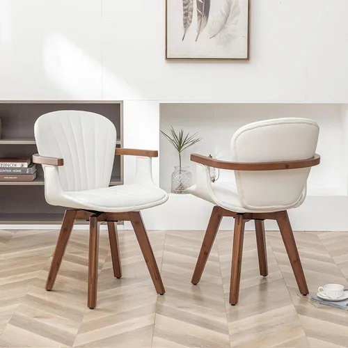Miniatura 15 de LUNLING Sillas de comedor giratorias, sillas de cocina modernas de cuero sintético negro de mediados de siglo con brazos, patas de bambú, sillas