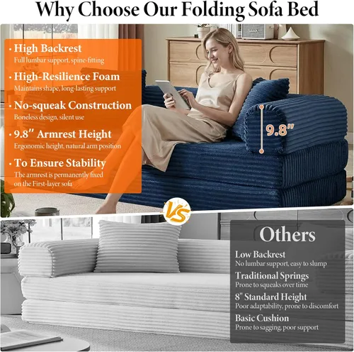 Miniatura 3 de 4-in-1 Convertible Folding Sleeper Sofa Bed, Fold Out Floor Sofa Couch with Fixed-Shape Frame, Cloud Corduroy Foldable Mattress Couch for Living