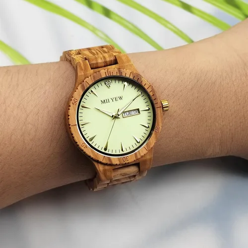 Miniatura 7 de MII YEW Reloj de madera para hombre, ligero, analógico, de cuarzo, hecho a mano, esfera verde con fecha