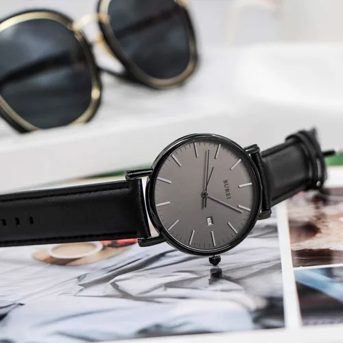Miniatura 7 de BUREI Reloj de pulsera analógico de cuarzo ultra fino con fecha, calendario, correa de piel para hombres y mujeres