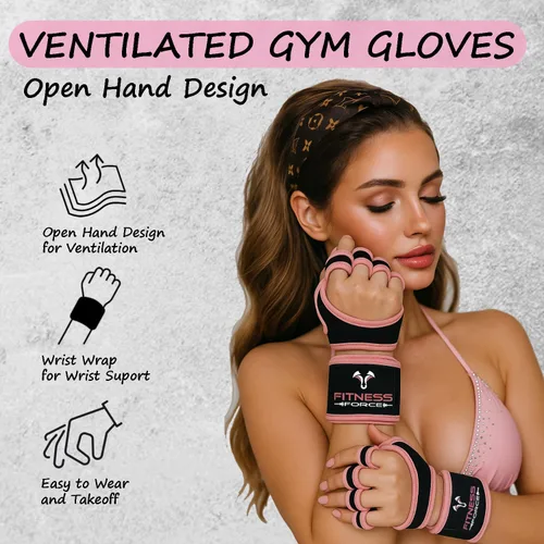 Miniatura 5 de FITNESS FORCE Ventilated Weightlifting Gloves Workout Gloves for Men & Women with Built-in Wrist Wraps Fingerless Gym Gloves for Men Perfect for Rosa