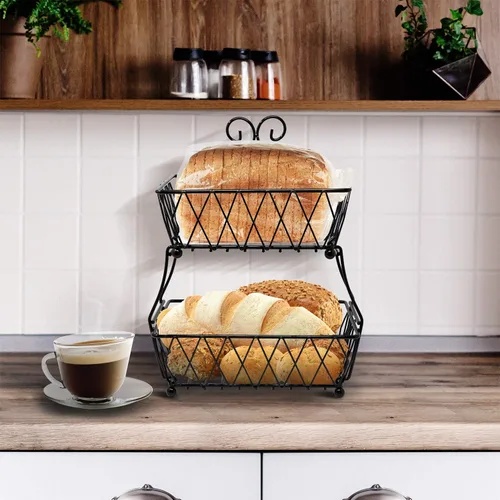 Miniatura 5 de Sorbus Soporte de exhibición de cesta de frutas, 2 niveles, para almacenamiento de verduras, frutas y pan para cocina, baño, rectangular de metal