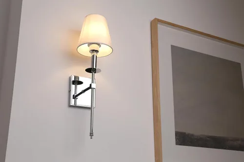 Miniatura 3 de PERMO Aplique de pared industrial rústico clásico individual con pantalla textil blanca acampanada y soporte de columna cónico cromado