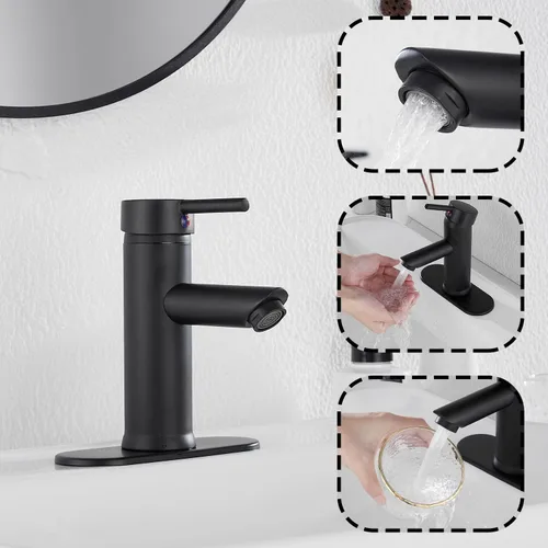 Miniatura 6 de Grifo de lavabo de baño negro con una sola manija 1 agujero a juego con desagüe emergente baño Vantity grifo lavabo negro mate