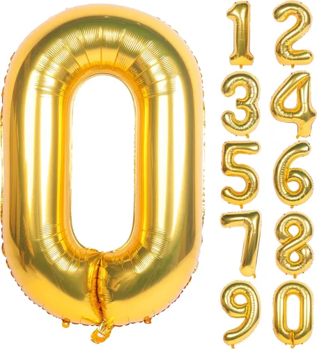 Globos de helio de 40 pulgadas con dígitos dorados para fiesta de cumpleaños., Número 0, 40 pulgadas, número 0 oro 7