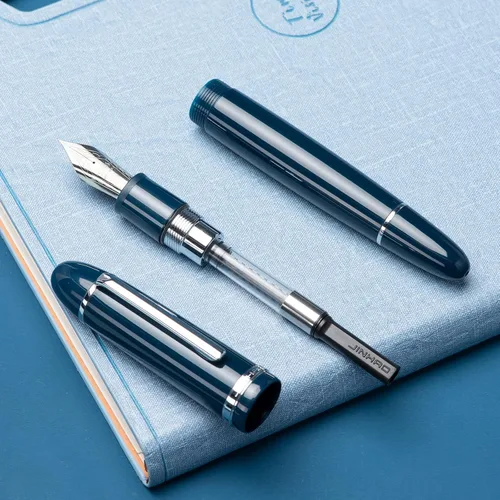 Miniatura 6 de Jinhao X159 Pluma estilográfica azul oscuro acrílica, tamaño 8 con punta fina, borde plateado, diseño clásico, pluma de escritura suave con Azul