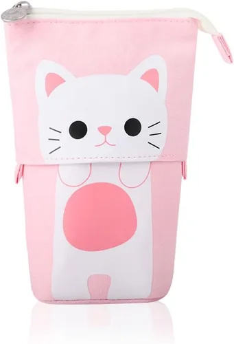 Miniatura 10 de iSuperb - Portalápices convertible para soporte y almacenamiento, de lona y poliuretano, con caricatura de gato adorable; cartuchera telescópica