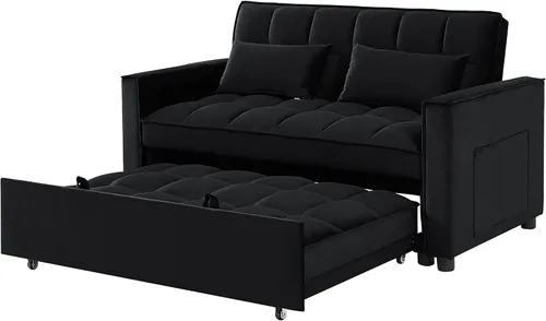 Miniatura 5 de Sofá cama biplaza de terciopelo convertible y moderno con cama desplegable, respaldo ajustable y 2 almohadas lumbares, para espacios pequeños