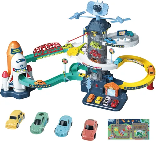 RedCrab Elevador de pista de carreras de autos para niños, rampa espacial para niños, escalar colinas, estacionamiento, aventura, pista de garaje 04