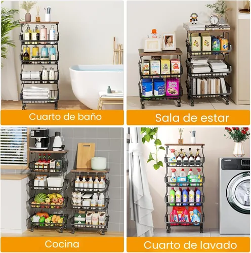 Miniatura 7 de Gsiekare Cesta de frutas y verduras para cocina, cestas de almacenamiento de 4 niveles apilables con ruedas, cestas organizadoras de almacenamiento