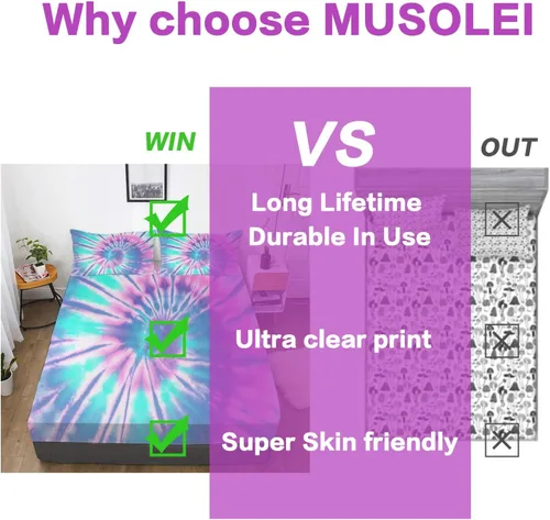 Miniatura 2 de MUSOLEI Juego de sábanas bajeras de teñido anudado para niñas, color rosa y azul, juego de ropa de cama bohemio de 2 piezas, sábana bajera de Tie Dye