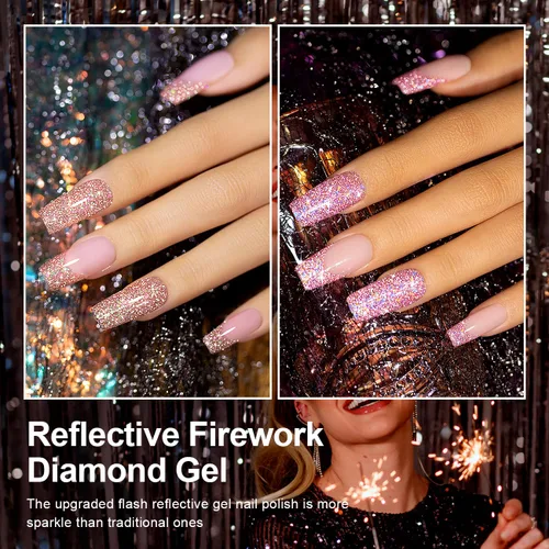 Miniatura 5 de RARJSM Juego de esmaltes de uñas de gel con purpurina reflectante, 6 colores brillantes plateados, champán, dorado, rosa, naranja, negro, rojo