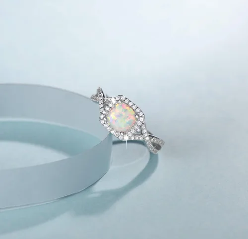 Miniatura 5 de FANCIME Anillos de ópalo creados con piedra natal de octubre, plata de ley, 4 puntas, halo de ópalo de fuego blanco, circonita cúbica, anillo