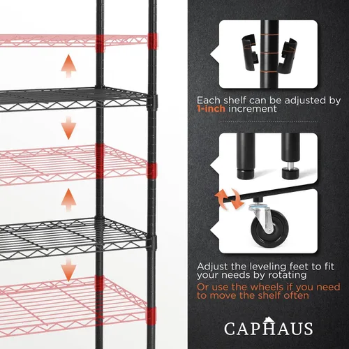 Miniatura 4 de CAPHAUS Estantería de Alambre de Servicio Pesado de Grado Comercial de 4 Niveles con Altura Ajustable, con Ruedas y Pies Niveladores, Estante de Sin