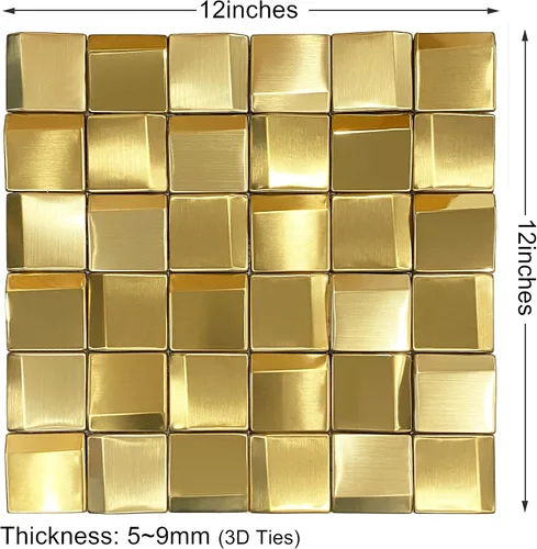Miniatura 3 de Parrotile Paneles de pared 3D, azulejos de mosaico de metal dorado de 2 x 2 pulgadas, decoración de pared dorada [5 hojas]