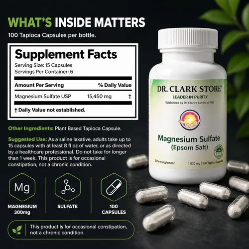 Miniatura 9 de Dr Clark Store Sulfato de magnesio USP (sal de Epsom) 1030 mg, 100 cápsulas de tapoica para apoyo digestivo diario, alivio ocasional