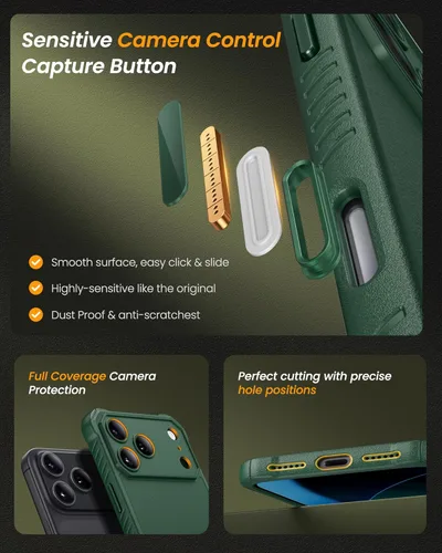 Miniatura 7 de Funda magnética para iPhone 17 Pro, soporte integrado y compatible con MagSafe y control de cámara, protección completa de la cámara, duradera, Verde