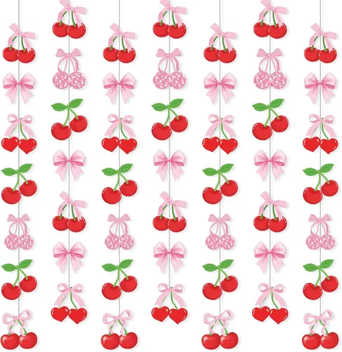 Xinnun Decoraciones de Fiesta de Cerezas Pancartas Colgantes con Lazo Rosa Guirnalda Cerezas Decoraciones de Baby Shower Recortes Cintas Serpentinas