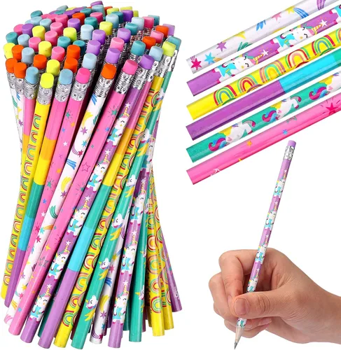 Miniatura 2 de TecUnite 120 lápices HB sin afilar con bolígrafo hexagonal de madera para adultos, regalo de grafito, para exámenes, bocetos de oficina (unicornio)