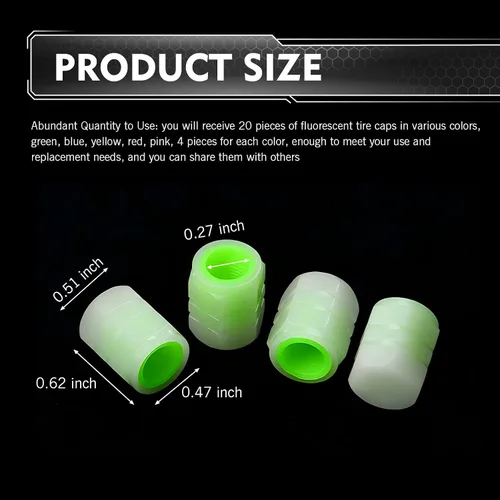 Miniatura 2 de 20 tapones fluorescentes para válvulas de neumáticos, tapas de válvula de neumáticos brillantes, cubiertas luminosas para válvulas de ruedas