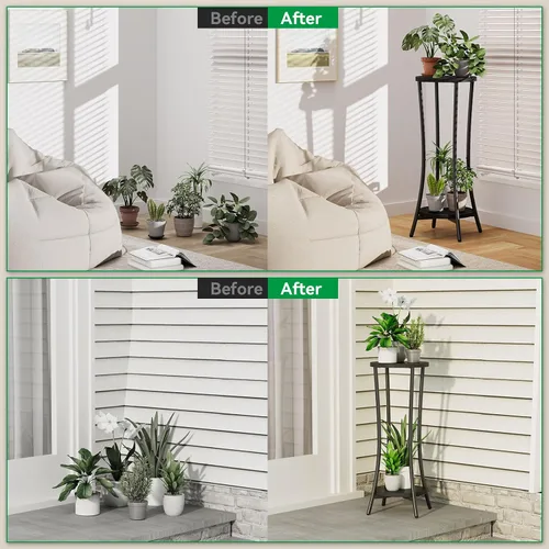 Miniatura 5 de IBUYKE Soporte para plantas de 30 pulgadas de alto para interiores, soporte de esquina de madera de 2 niveles, estante redondo moderno para plantas