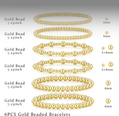 Miniatura 2 de Pulseras de oro para mujer, chapado en oro de 14 quilates, apilables, juego de pulseras elásticas de cuentas de oro, joyería de oro para mujer