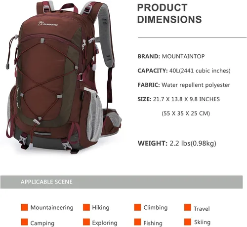 Miniatura 2 de Mochila de senderismo Mountaintop de 25L/40L, mochila de viaje ligera para senderismo al aire libre, camping, para hombres y mujeres Granate