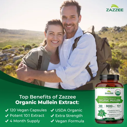 Miniatura 4 de Zazzee USDA Organic Mullein Leaf 10:1 Extracto, 120 cápsulas veganas, suministro para 4 meses, Verbascum Thapsus, soporte respiratorio y pulmonar