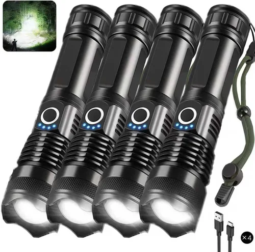 Paquete de 4 linternas recargables de alto lúmenes, linterna súper brillante de 9000000 lúmenes, luz de flash potente ajustable con cable USB, 5
