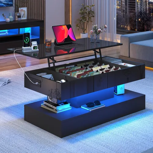 Miniatura 3 de 39.4" Mesa de café grande con tapa elevable, modernas mesas de café LED de alto brillo para sala de estar con almacenamiento, mesas de salón negras