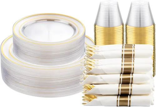 DaYammi Juego de vajilla de plástico dorado transparente de 210 piezas para 30 invitados, platos desechables elegantes para fiestas, incluye: 30
