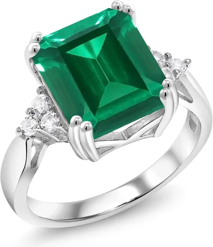 Gem Stone King Anillo de compromiso de plata de ley 925 con esmeralda de imitación verde (5,66 quilates de corte esmeralda, disponible en tamaño 5,