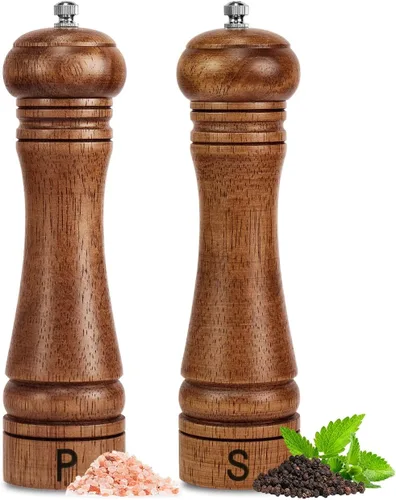 Juego de molinillos de sal y pimienta de madera, molinos de sal y pimienta recargables ajustables para grosor, hechos de madera de roble maciza con