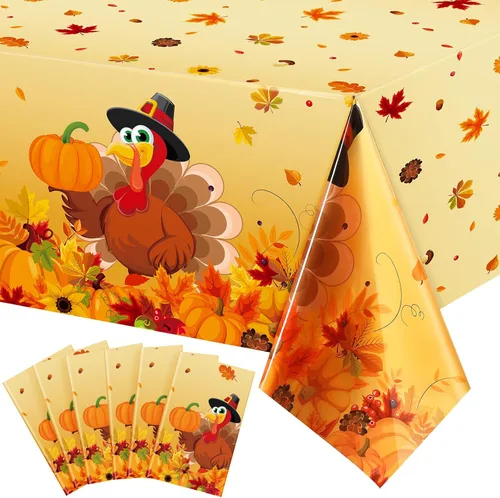 Miniatura 8 de Tudomro 3 manteles de Acción de Gracias, manteles de hojas de otoño, pavo, calabaza, hojas de arce, fundas de mesa para decoración de mesa de fiesta