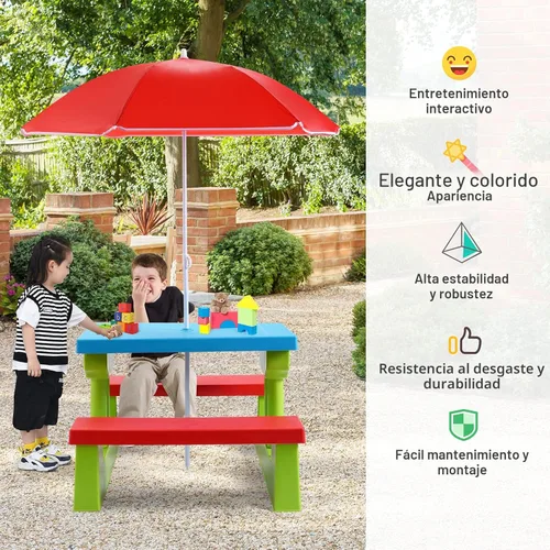 Miniatura 2 de Costzon Mesa de picnic para niños, mesa y banco para interiores y exteriores con paraguas extraíble, mesa de picnic portátil para niños pequeños