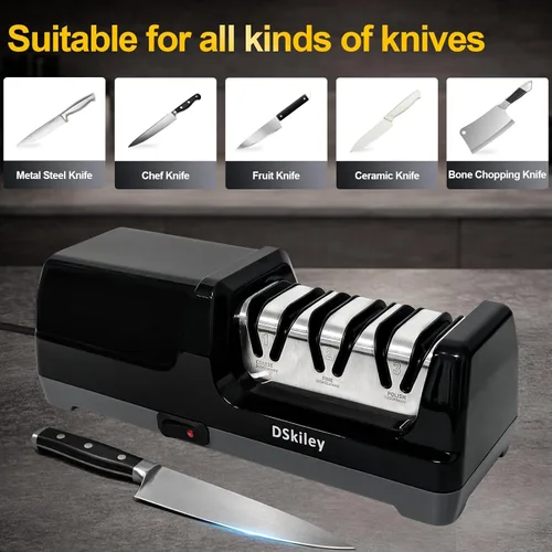 Miniatura 6 de Afilador de cuchillos eléctrico para cocina, sistema profesional de 3 etapas 100% diamante con ángulo de precisión de 20°, afilado rápido para Negro