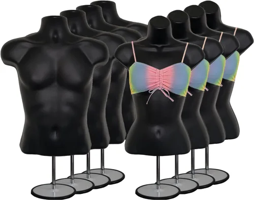 Miniatura 32 de Torso de maniquí masculino y femenino con soporte de metal, cuerpo hueco en la espalda, forma de vestido apilable para exhibición de camisetas, Gris