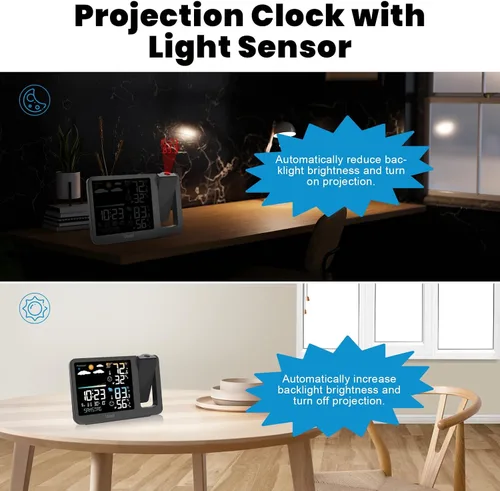 Miniatura 5 de uzoli Reloj Despertador de Proyección Estación Meteorológica, Reloj Proyector Atómico WWVB con Sensor, Retroiluminación Ajustable, Temperatura