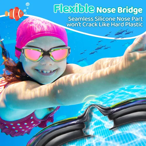 Miniatura 6 de Vvinca Swimming Goggles for Kids 3-15 years-2 Pack, Kids Goggles Anti-Fog/UV No Leaking Swim Goggles for Kids 03-negro oro y negro rosa