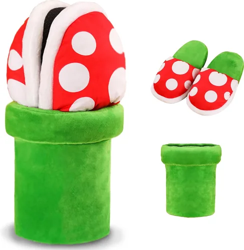 Lopbraa Pantuflas divertidas de felpa con soporte para maceta, regalos divertidos para mujeres, hombres, adolescentes (plantas de piranha), Verde y
